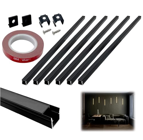 HAMRVL 6-Pack 16-Inch 10×10mm Black LED Aluminum Channel System for Wood Slat Wall Panels, U Shape LED Channel Profile with Mounting Accessories, LED Strip Diffuser for Acoustic Panels, Wall Decor