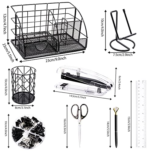 KAAKOW Black Desk Organizers and Accessories Office Supplies Set Stapler, Pen Holder, Phone Holder, Scissors, Pen, Ruler, 30 Paper Clips, 22 Binder Clip, 20 Tacks and 1000pcs Staples - color: Black