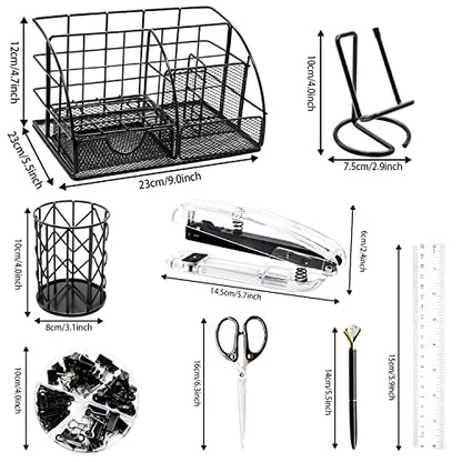 KAAKOW Black Desk Organizers and Accessories Office Supplies Set Stapler, Pen Holder, Phone Holder, Scissors, Pen, Ruler, 30 Paper Clips, 22 Binder Clip, 20 Tacks and 1000pcs Staples - color: Black