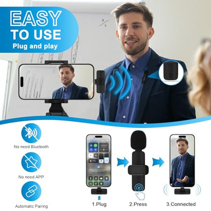 USB C Wireless Lavalier Microphone for iPhone 17 16 Pro Max 16e 15,Samsung Galaxy S25 A16 S24 Ultra,Noise Reduction Mini Lapel Mic Clip on,Lav Mic on Video Recording,Tiktok,Youtube,Vlog,Live Streaming