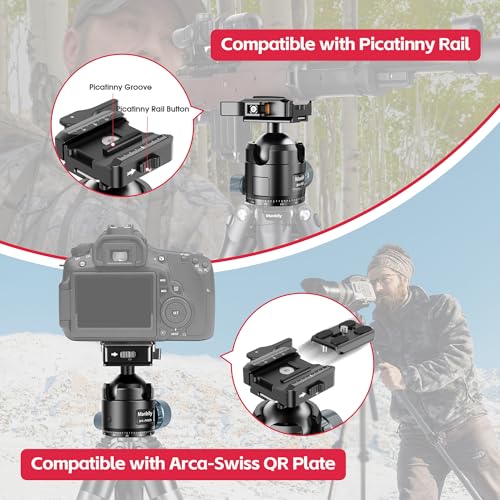 Manbily Low Profile Ball Head, 44mm Tripod Head with Picatinny to Arca-Swiss Adapter and 1/4" Quick Release Plate, CNC Aluminum 360° Head for Hunting Shooting Tripod DSLR Camera, Max Load 44lbs/20kg