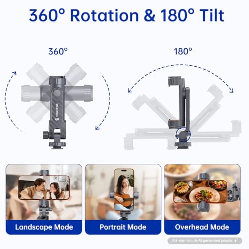 SYNCWIRE Tripod Phone Mount, Universal Smartphone Mount Adapter with 2 Cold Shoe and 1/4" Screw, 360° Rotates and 180° Tilts Adjustable Cell Phone Clamp Holder for Enhancing Mobile Photography Setup - color: Gunmetal Gray