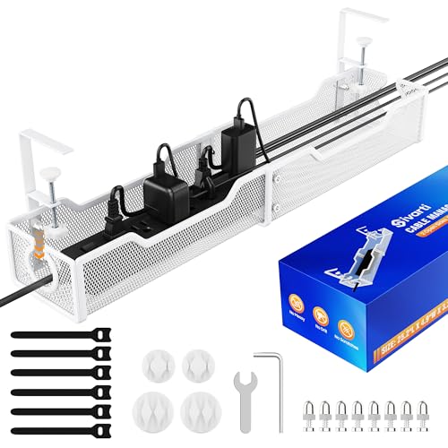 Upgraded 25.2'' Under Desk Cable Management Tray, No Drill Clamp-On Design Wire Organizer, Cable Organization Box for No Damage to Desk, Metal Cord Organizer for Home Office, White - color: White