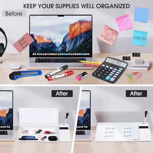 Desktop Whiteboard White&Black and White with Calculator, Desk Organizer Solution for Home Office School Art Beauty Supplies