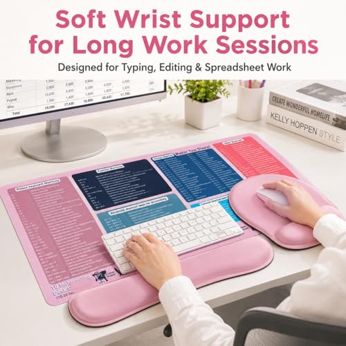 Excel Cheat Sheet Desk Pad Set, 3-Piece XXL Shortcut Mouse Pad with Keyboard and Wrist Rests, Non-Slip Office Mat, 35.5 x 15.8 in, Blush Pink - color: Blush Pink (XXL 3-Piece Set), size: 35.5L x 15.8W inches