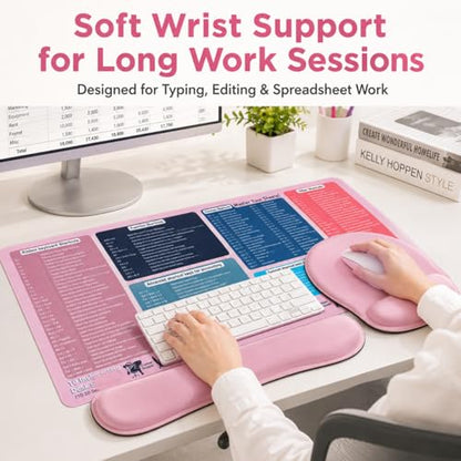 Excel Cheat Sheet Desk Pad Set, 3-Piece XXL Shortcut Mouse Pad with Keyboard and Wrist Rests, Non-Slip Office Mat, 35.5 x 15.8 in, Blush Pink - color: Blush Pink (XXL 3-Piece Set), size: 35.5L x 15.8W inches