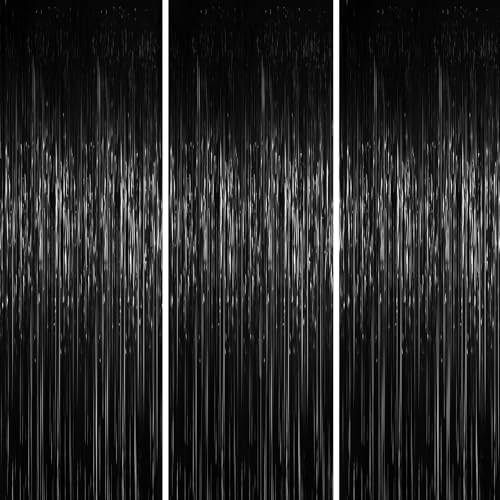 Voircoloria 3.3 x 6.6 ft Foil Fringe Backdrop Curtains, Tinsel Streamers Party Decorations, Fringe Backdrop for Birthday, Baby Shower, Gender Reveal, Graduation (3, Black) - color: Black