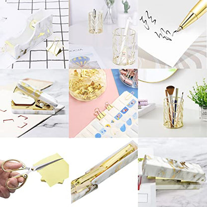 Gold Marble Desk Accessories, Office Supplies Set Stapler Set Staple Remover, Tape Holder, Pen Holder, 2 Ballpoint Pen, Scissor, Binder Clips, Paper Clips and 1000pcs Staples. - color: Marble Gold