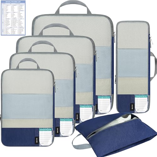 BAGAIL 6 Set Lightweight Compression Packing Cubes with Packing List, Anti-Tearing Expandable Organizer Bags for Travel, Navy - color: Navy