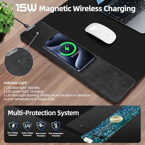ExtreLife Wireless Charging Mouse Pad, Gaming Mouse Pad with Ultra-Smooth Surface, 31.5”x15.75” Large Desk Mat, Non-Slip Rubber Base, Waterproof Computer Keyboard Pad for Gaming, MacBook, Laptop, Desk - color: Black - 31.5"x15.7" (Wireless Charging)