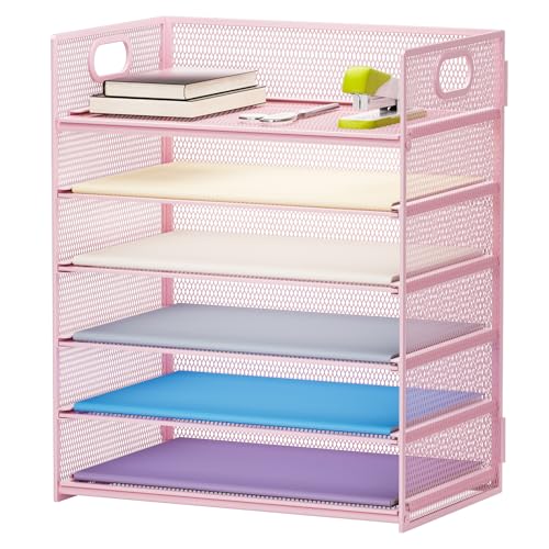 Marbrasse 6 Tier Paper Organizer Letter Tray - Mesh Desk File Organizer with Handle, Paper Sorter for Letter/A4 Office File Folder Holder -Pink - color: 6 Tier - Pink