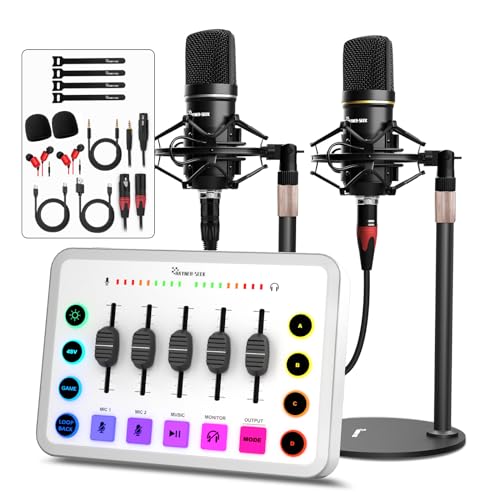 Podcast Equipment Bundle for 2, Streaming Audio Interface with 5 Channel, XLR Microphone Interface, RGB,48V Phantom Power, Perfect for Game,Podcast,Record,TikTok-White (H1) - color: HS-H1-2 (White)