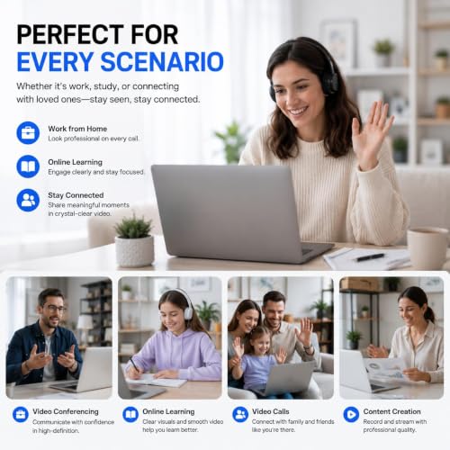 1080P Webcam with Microphone for PC, Full HD USB Computer Camera with Low Light Correction, Wide Angle Web Camera for Streaming, Zoom, Teams, Skype, Plug and Play Webcam for Laptop Desktop Mac