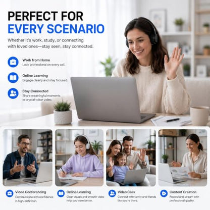 1080P Webcam with Microphone for PC, Full HD USB Computer Camera with Low Light Correction, Wide Angle Web Camera for Streaming, Zoom, Teams, Skype, Plug and Play Webcam for Laptop Desktop Mac