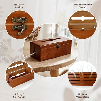 Cable Management Box with Latch, Soild Wood Cord Box with 4 Open Slots, Cable Box to Hide Cords and Power Strip - size: Large