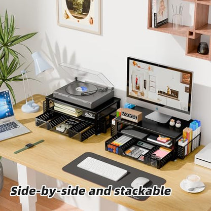 Simple Trending 2-Tier Monitor Stand Riser, Drawer & 2 Pen Holders, Black | Sturdy Material - size: 16"W x 10"D x 5.8"H