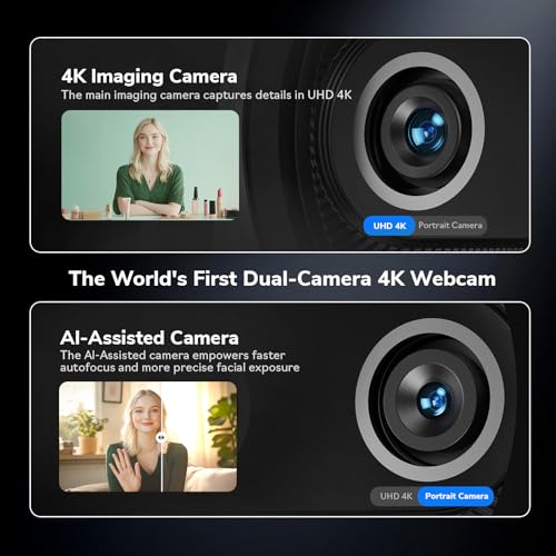 EMEET Piko 4K Webcam for Streaming, World’s 1st Dual-Camera AI-Powered 4K Camera w/AI Autofocus, 3 Mics Array&3 Sound Modes, USB Webcam with Clip, Great for Streaming, Desk Setup
