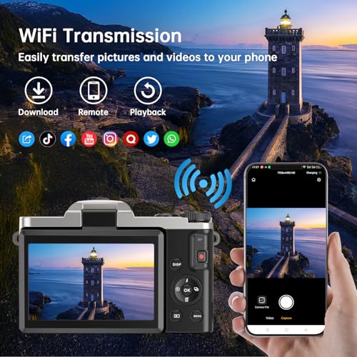 4K Digital Camera for Photography with WiFi 64MP Auto-Focus Vlogging Camera for YouTube Video 3'' 180° Flip Screen 4K Cameras 16X Zoom Anti-Shake Compact Point and Shoot Cameras with SD Card