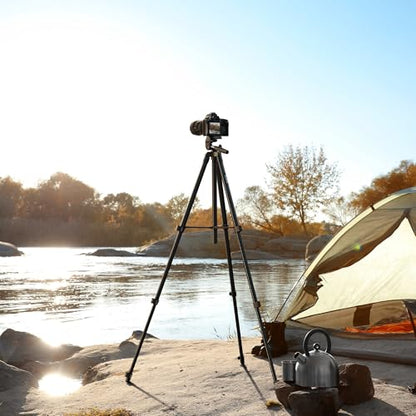 60″ Camera Tripod Lightweight Travel Tripod Stand Compatible with Canon Nikon DSLR Cameras with Wireless Remote Phone Holder and Bag Max Load 6.6 LB Black