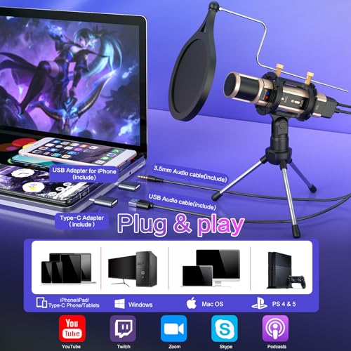 ZealSound USB Microphone for iPhone, iPad, Android, PC & Laptop, Condenser Podcast Mic with Noise Reduction, Mute, Headphone Monitoring & Echo Control for ASMR, Podcast, Streaming, Gaming