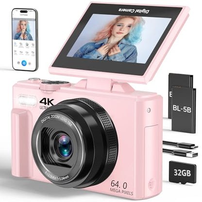 4K Digital Camera for Photography, 64MP Vlogging Camera for YouTube with 3" 180° Flip Screen, 18X Digital Zoom Point and Shoot Camara with 32GB Micro SD Card for Beginner (LP) - color: YL15-W08-C-LP