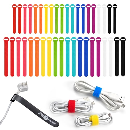 Self-Gripping Cable Ties by Wrap-It Storage, Multi-Color, 40 Pack (5 Inch and 8 Inch Straps) – Reusable Hook and Loop Cord Keeper, Cable Wrappers for Cord Management and Home Office Desk Organization - color: Assorted Colors