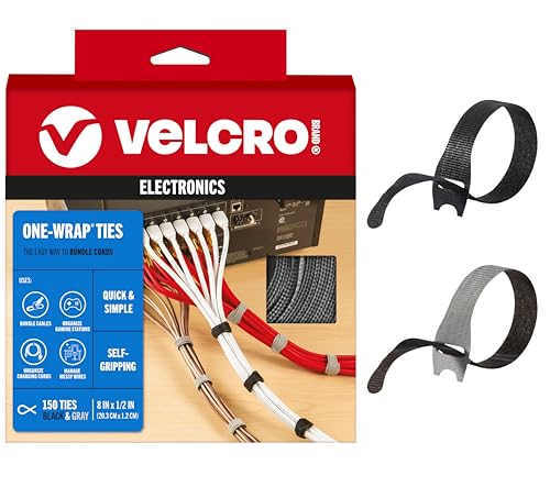 VELCRO Brand 150pk Cable Ties Value Pack, 8in | Gifts for Tech Lovers | For Wire Management and Cord Organizer | Replace Zip Ties with Reusable Straps, Reduce Waste - color: Black and Gray, size: 150Pk - 8" x 1/2", style: Cord Wrap Cable Ties