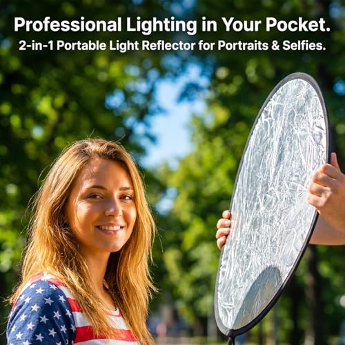 Round Folding Portable Photography Reflector, 2 in 1 Lighting Reflectors, Camera Photo Reflector Diffuser, Light Reflectors for Portrait Photography, Still Life Fill Light (18inch/45cm, Silver, White)
