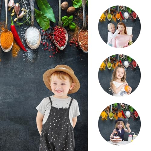 7x5ft Condiment Spice Backdrop Scoop Colorful Condiment Seasoning Food Cooking Material Black Plate Photography Background Party Conference Cuisine Video Studio Photo Props Polyester - size: 7x5ft-polyester