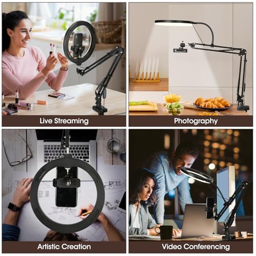Overhead Camera Mount with 10" Selfie Ring Light,Adjustable Phone Arm Stand, Desk Tripod Holder Content Creator Lighting Kit with Remote for iPhone Filming,Video Recording,Tiktok,YouTube