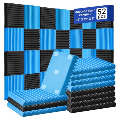 52 Pack Acoustic Foam Panels 1" x 12" x 12"Acoustic Wedge Studio Foam Sound Absorption Wall Panels (Black/Blue) - color: 52 Pack 26 Black+26 Blue, size: 12” x 12" x 1"