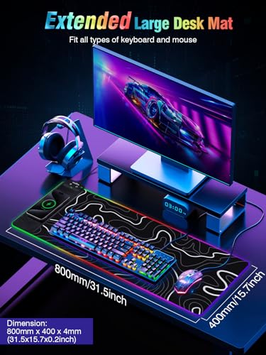Wireless Charging RGB Gaming Mouse Pad, 31.5"x15.7" XXL Large Desk Mat, Desk Pad for Gamer, 9 Light Modes, Non-Slip Rubber Base, Waterproof, Computer Keyboard Mat, Black - color: Black-white Topographic Line
