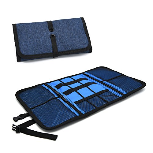 Patu Roll Up Electronics Accessories Travel Gear Organizer Case, Portable Universal External Batteries Hard Drives Cables Cosmetics Kit Bag, Navy - color: Navy