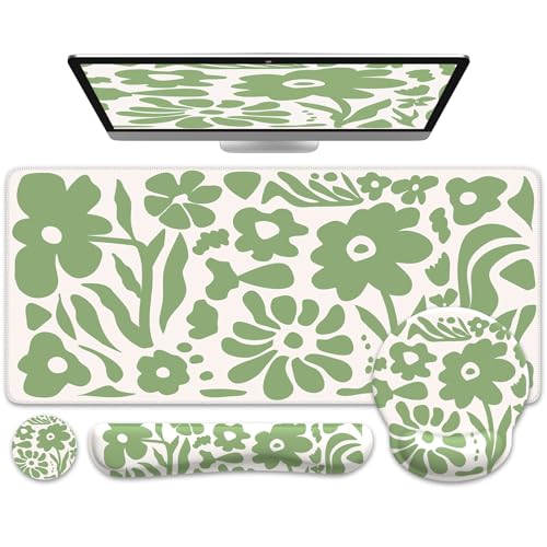 iCasso Desk Cover Mat, 4in1 Floral Large Mouse Pad with Wrist Rest, Desk Matt for Desktop, Anti-Slip XXL Big Computer Ergonomic Mousepad with Wrist Support for Keyboard and Mouse (Green) - color: Green