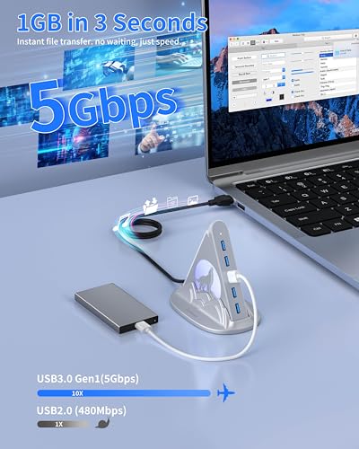 USB Hub 3.0, 7-Port USB Hub with RGB Night Light and Base, Vertical USB a Splitter for Desktop,Laptop, MacBook, Xbox, PS4/5, Game Console, Flash Drive, XPS, PC, Printer, Camera, Keyboard (Silver+Base) - color: Silver
