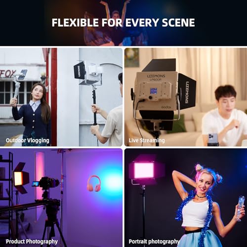 Godox LP600R RGB LED Video Light with Barndoor, 2-Pack 60W 1800K-10000K 9270Lux LED Panel Light with Light Stand, APP Control CRI96+ Studio Soft Light