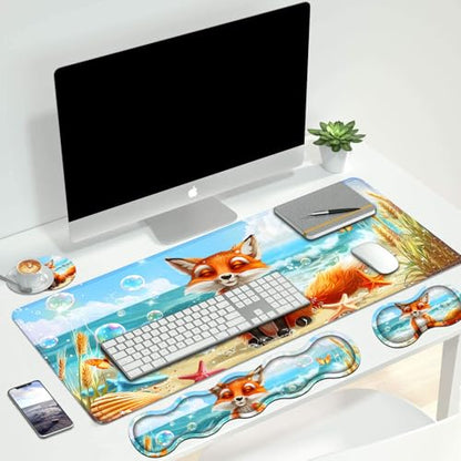 4 in 1 Ergonomic Keyboard Wrist Rest & Mouse Pad Wrist Rest Set, Large XXL Gaming Desk Mat 31.5"x 11.8" with Non-Slip Base, Memory Foam for Home Office Study Gaming, Fox - color: Fox