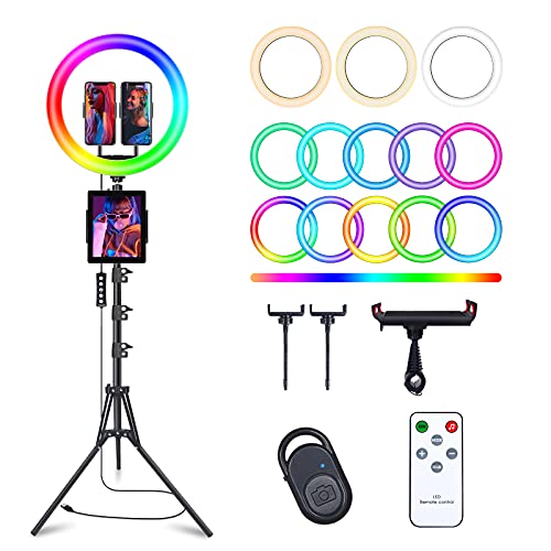 13" Selfie Ring Light with 76" Tripod Stand & 3 Phone Holder, LED Camera Ringlight with 48 RGB Colors Modes & Musical Rhythm Mode and 12 Brightness Dimmable for Makeup/Photography/Videos/Vlog/TikTok - color: 13" Musical Version