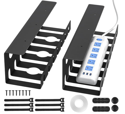 Delamu 2 Pack Metal Under Desk Cable Management Tray, U Channel Cord Organizer Box, Office Under Desk Cord Organizers, Cable Management with Various Accessories, Black, 15.75 Inches