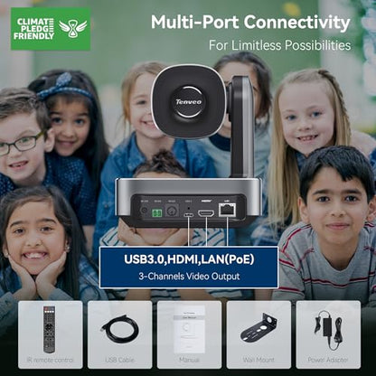 Tenveo 4K PTZ Camera, AI Humanoid & Face Auto-Tracking, 20X Optical + 8X Digital Zoom, USB3.0/HDMI/LAN PoE IP Live Streaming for Church Worship Broadcast Events Video Conference YouTube OBS - color: Silver