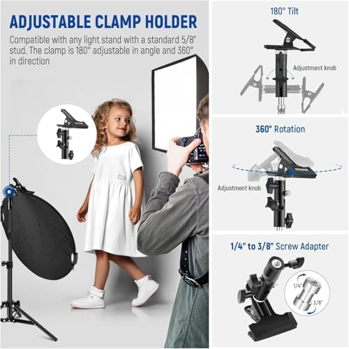 NEEWER 22"/56cm 5 in 1 Light Reflector with Clamp & Hand Grips, Polyester Multi Disc Photography Diffuser Translucent/Silver/Gold/White/Black with 3/8" Thread for Studio Outdoor Lighting, RF-56II - style: 56cm w/Clamp