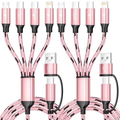 Multi Charging Cable 5FT, 4 in 1 Charging Cables for Multiple Devices Pink | Universal phone Charger Cord, Nylon Braided Charger Cable, USB A/C to Type-C/Micro USB/IP for Phone 17-8/Android/iPad/Car/PS - color: Pink, size: 2Pack 5FT