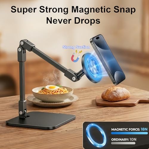 Magnetic Overhead Phone Mount for Nail, Adjustable Smartphone Holder for Desk, Stand for Cooking Videos, Content Creator, Live Streaming, Filming, Video Recording