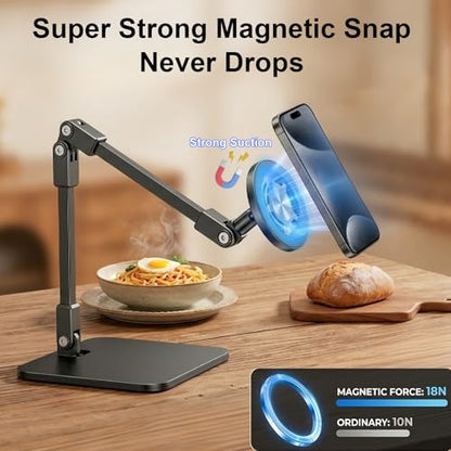 Magnetic Overhead Phone Mount for Nail, Adjustable Smartphone Holder for Desk, Stand for Cooking Videos, Content Creator, Live Streaming, Filming, Video Recording