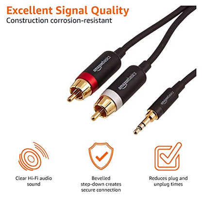 Amazon Basics 3.5mm Aux to 2 RCA Audio Cable for Amplifiers, Active Speakers, Smartphones, Tablet with Gold-Plated Plugs, Stereo Audio, 15 Feet/4.6 m, Black - size: 15 Feet