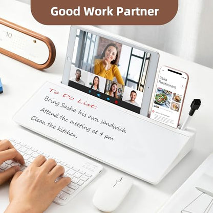 VUSIGN Glass Desktop Whiteboard with Storage, 6.8" x 15.8" Small Dry Erase Board, Desk Organizer Whiteboard, Computer Keyboard Stand, Includes 4 Markers, 1 Eraser for Office, Home, School