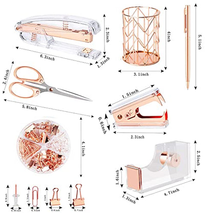 Famassi Rose Gold Desk Accessories，Office Supplies Set Acrylic Stapler Set Staple Remover, Tape Holder, 2 Ballpoint Pen, Scissor, Binder/Paper Clips and 1000pcs Staples. - color: Rose Gold