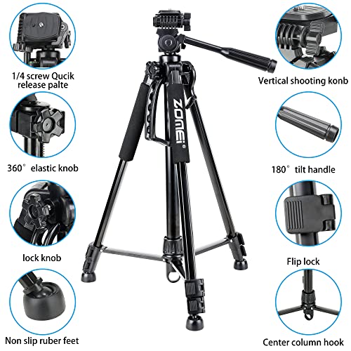 61’’ Camera Tripod,Cell Phone Tripod Stand with Travel Bag and Phone Holder, Professional Travel DSLR Tripods Compatible with Cameras, Cell Phones, Projectors, Webcams, Spotting Scopes - color: Black, size: 61"