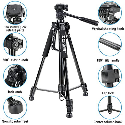 61’’ Camera Tripod,Cell Phone Tripod Stand with Travel Bag and Phone Holder, Professional Travel DSLR Tripods Compatible with Cameras, Cell Phones, Projectors, Webcams, Spotting Scopes - color: Black, size: 61"