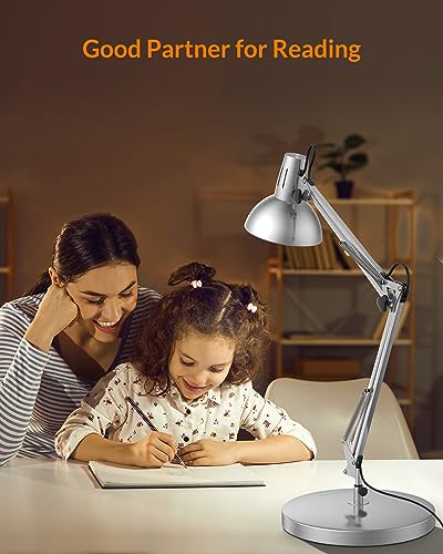 LEPOWER Metal Desk Lamp, Adjustable Goose Neck Architect Table Lamp with On/Off Switch, Swing Arm Desk Lamp with Clamp, Eye-Caring Reading Lamp for Bedroom, Study Room &Office (Silver) - color: Silver